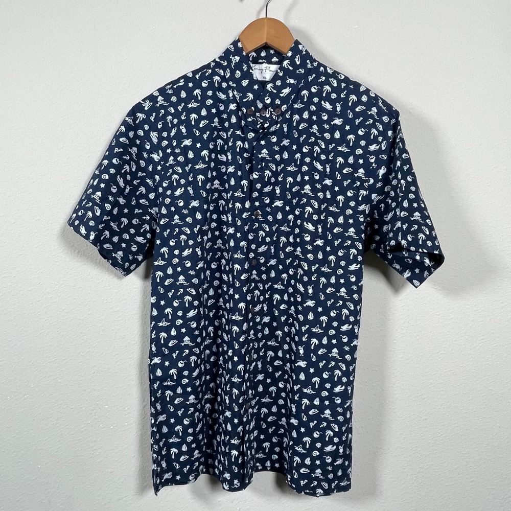 Kenny Flowers Navy Blue Short Sleeve Button-Down Shirt with White Tropical Print